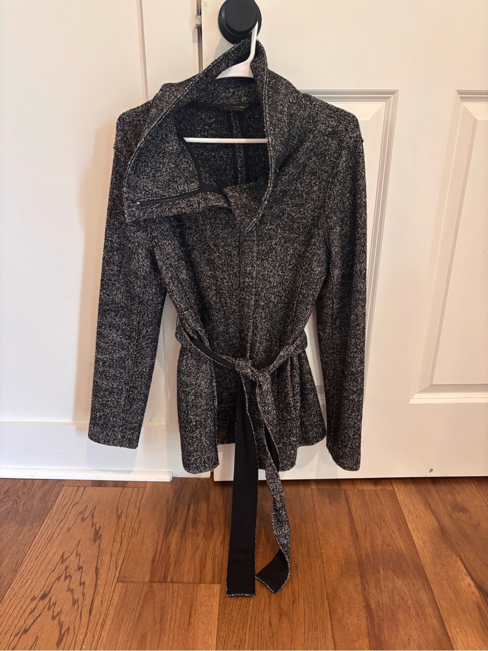 Ann Taylor Black/Gray Textured Open-Front Belted Pea Coat